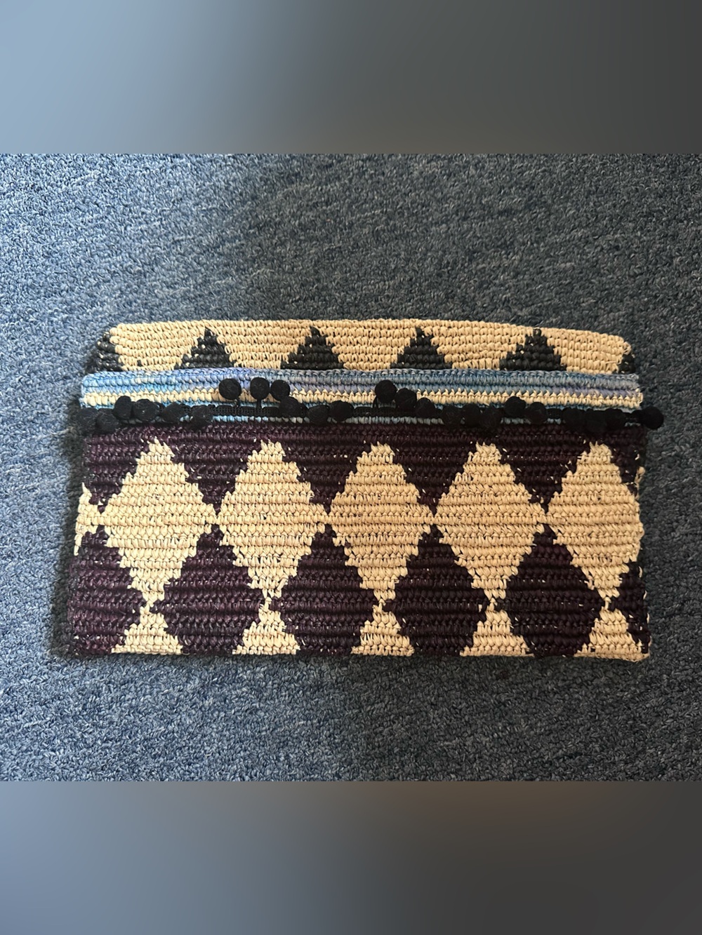 Woven Black and Cream Diamond-Pattern Clutch